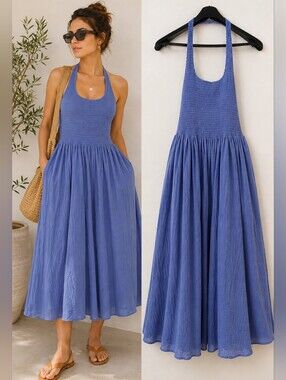 Band of the Free LA Textured Blue Cotton Smocked Halter Midi Maxi Dress M